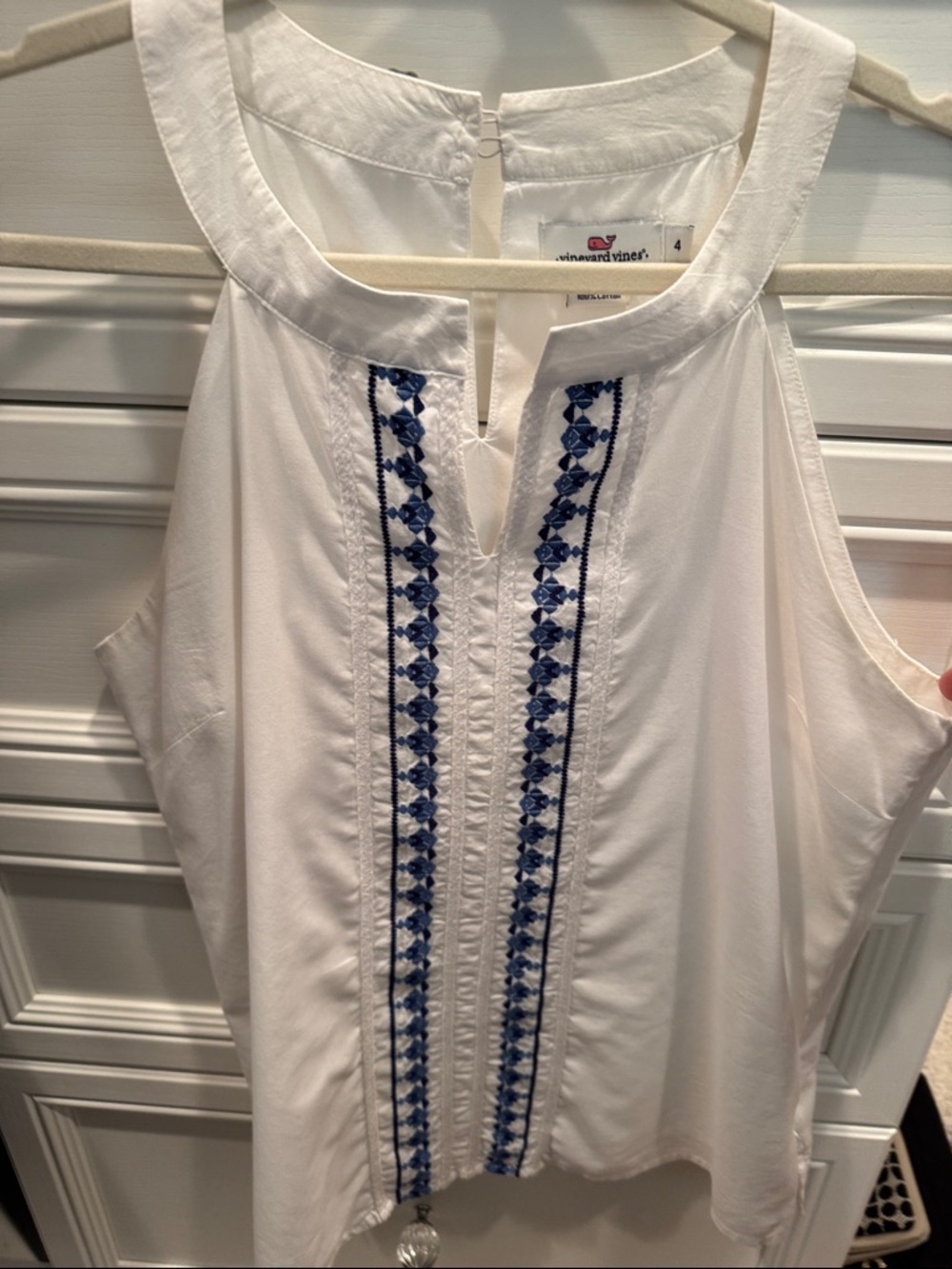 Vineyard Vines White Sleeveless Top with Navy Embroidered Panels